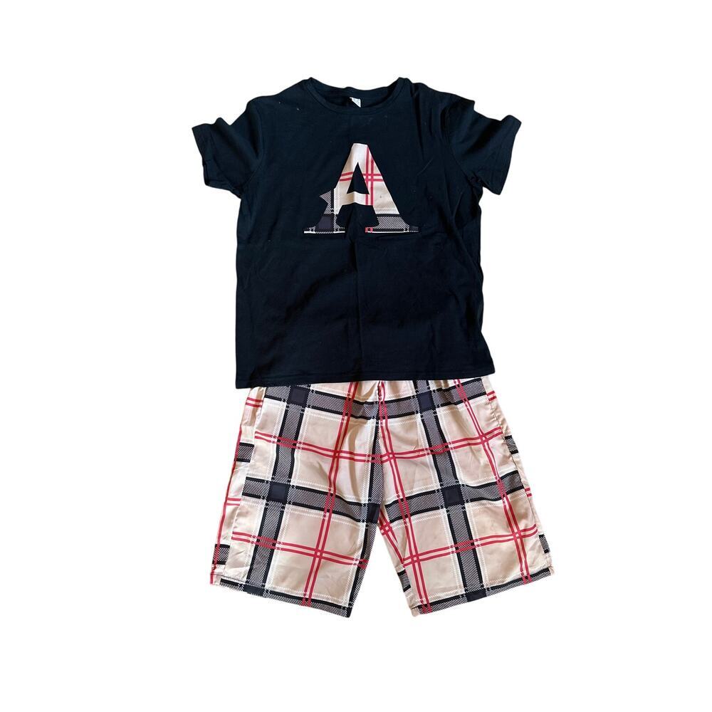Designer Inspired "A" Initial Shirt & Shorts Set, Black/Tan Plaid, Boys Size XL